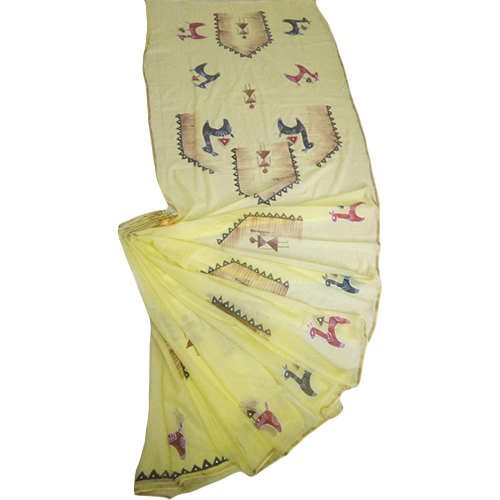 Ladies Hand Painted Yellow Saree