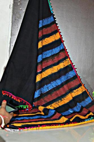 Hand Block Printed Cotton Saree With Pom Pom Lace By BAGRU BLOCK PRINTERS