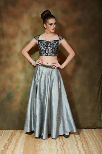 Raw Silk Skirt With Laser-cut Embroidered Choli