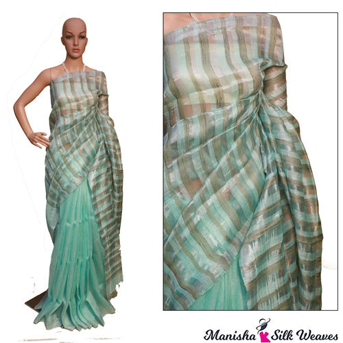 Green Linen Silk Ghich Stripes Saree