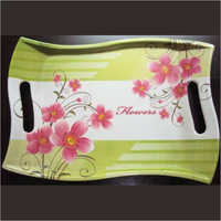 Melamine Serving Tray - Compact Storage, Floral Print Design, Green And White Color | Durable, Lightweight, Easy To Clean, Elegant Wavy Shape