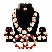 Red & White Mogra Jewelry Set with Earrings Maang Tika .