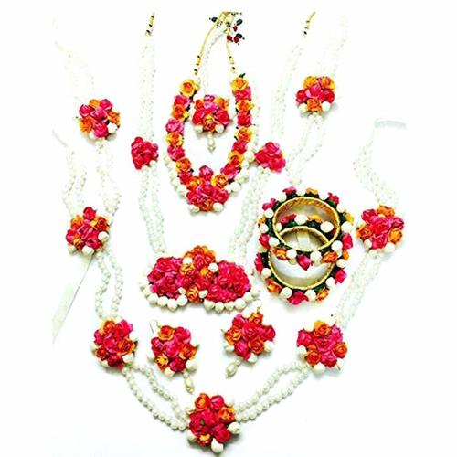 Mogra Pearl Pink Orange Complete Flower Jewelry Set