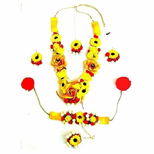 Party Wear Red Yellow Flower Jewelry Set with Earrings 1 Bracelet