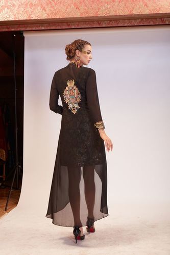 Brocade Short Dress Long Georgette Jacket With Back Embroidery