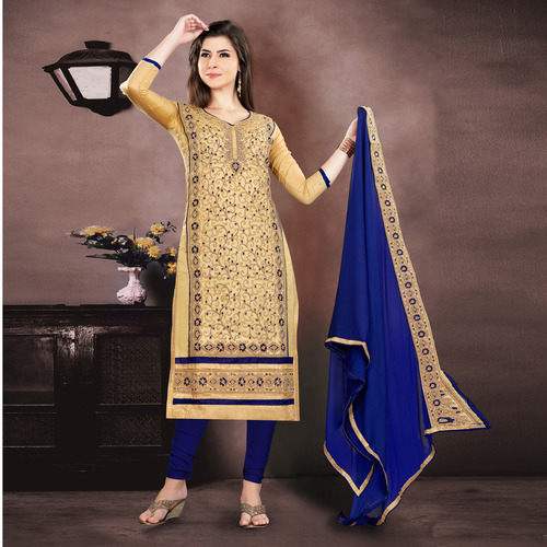 Cream And Blue Exclusive Designer Chanderi Salwar Suit