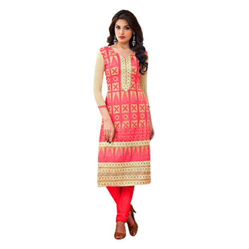 Designer Ladies Suit - Polyester, Slim Fit S-XL, Pink-Golden | Alluring Neck, 3/4 Sleeves, Printed Pattern, Occasion Wear