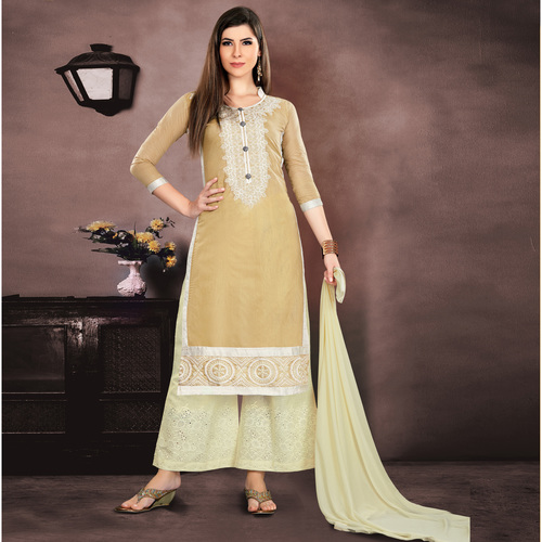 Chandri Embroidered Unstitched Suit Dress Material - Cotton, Free Size Up to Chest 42 | Yellow, Full Sleeves, Matching Nazmeen Dupatta, Breathable & Washable
