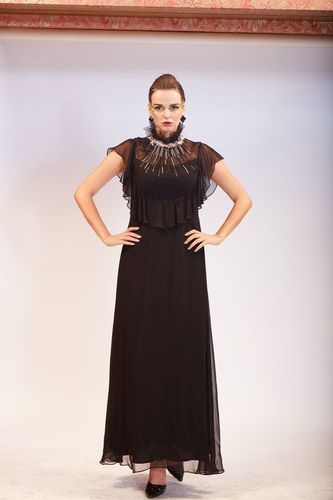 Ruffle Gown With Feather Embroidery