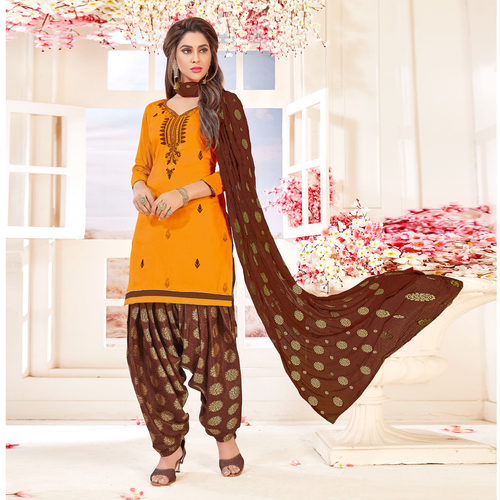 Orange And Brown Designer Cotton Patiala Suit