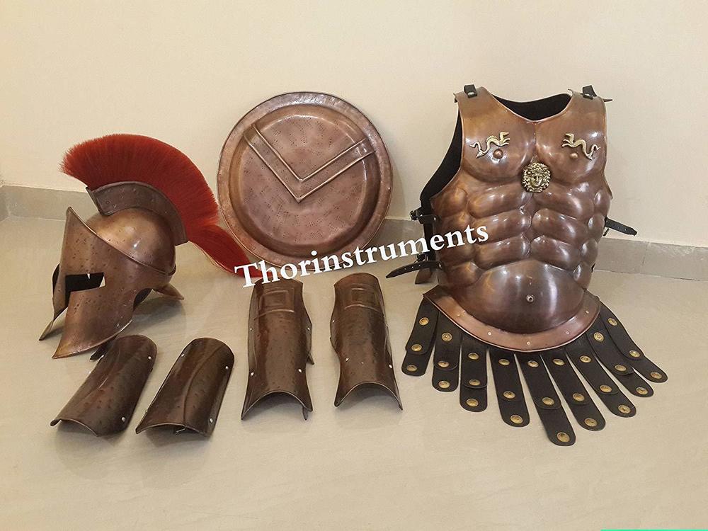 THORINSTRUMENTS (with device) Medieval King Spartan Copper 300 Helmet W/RED Plume Muscle Jacket Leg ARM Guards By THOR INSTRUMENTS CO.