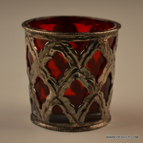 RED GLASS WITH METAL FITTING CANDLE HODLER