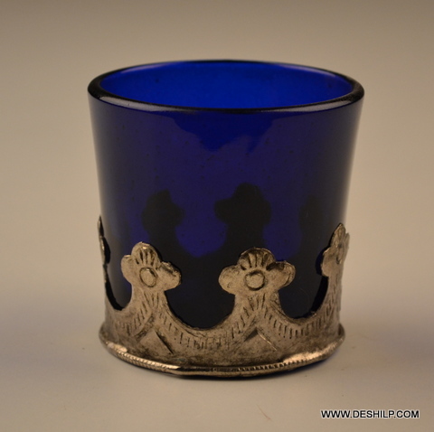 BLUE GLASS WITH METAL FITTING CANDLE HOLDER