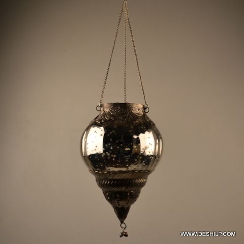 SILVER GLASS HANGING T LIGHT  HOLDER