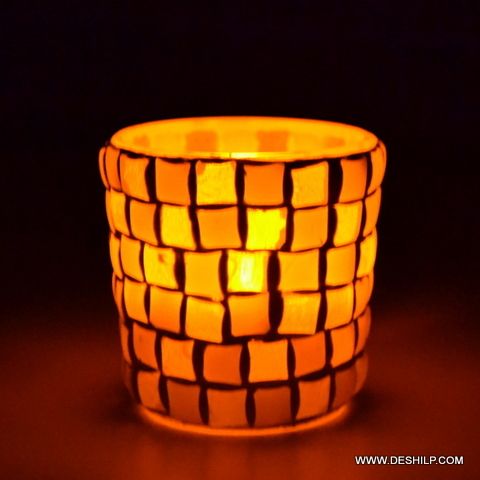 YELLOW MOSAIC GLASS CANDLE HOLDER