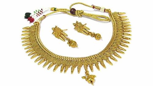Copper Jalebi Sun Ray Necklace Set - Alloy Free Size Golden | Stunning Temple Jewelry Elegant Design for Weddings Parties & Celebrations