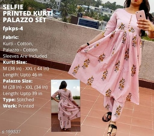selfi-printed Kurti Palazzo Set Fabric:Kurti-Cotton/Rayon,Palazzo-Cotton/Rayon Sleeves:Sleeves are included selfi-printed Kurti Palazzo Set Fabric:Kurti-Cotton/Rayon,Palazzo-Cotton/Rayon Sleeves:Sleeves are included