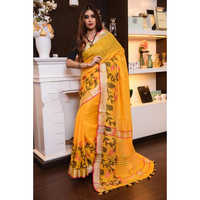 Ladies Printed Saree - Linen, 5.5 Meters Length, 44 Inches Width, Yellow Color | Floral Print, Tassel Border, Lightweight, Comfortable, Stylish, Easy Drape