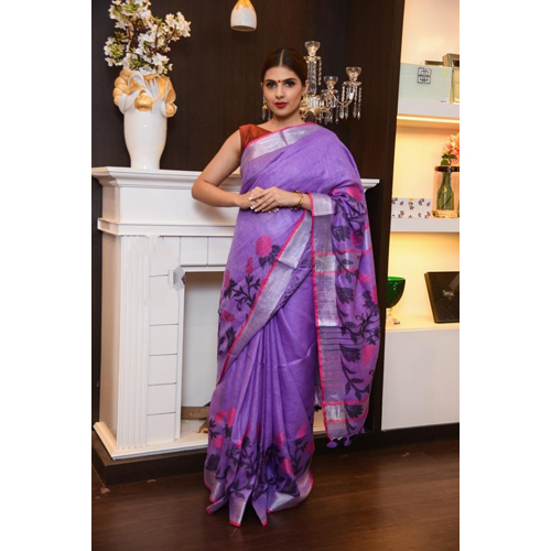 Ladies Half Silk Printed Purple Saree