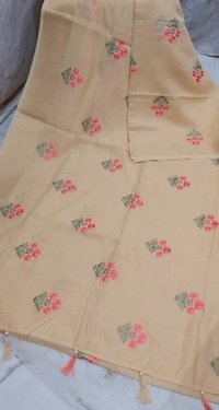 Linen Flower Embroidery Work Sarees