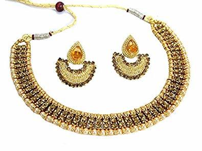Golden Double Stone Tilak Necklace Set - Brass & Kundan Mina, Pendant 4 Inches, Necklace 20 Inches, Earrings 4.4 Inches | Golden Color with Pearl Combination, Perfect for Women and Any Occasion