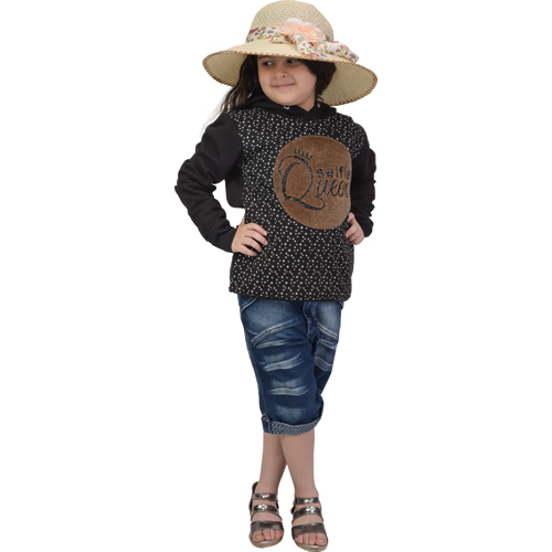 Girls Woolen Sweatshirt - Customized & Plus Size Options | Black Printed Design for Winter, Modern Style for Ages 10-15