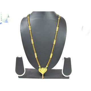 Long Golden Pendant 3 Layer Mangalsutra Necklace - Alloy, Free Size, Golden Color | Gold Plated with Black Stone Embellishments, Perfect for Weddings and Engagements