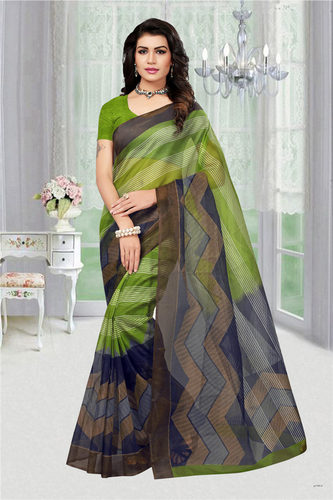Green And Blue Printed Super Net Saree