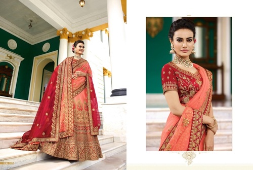 Lehenga Choli - Silk Material, Customized Size 42, Peach & Red Color | Embroidered Design, Short Sleeves, Dry Cleaning Feature