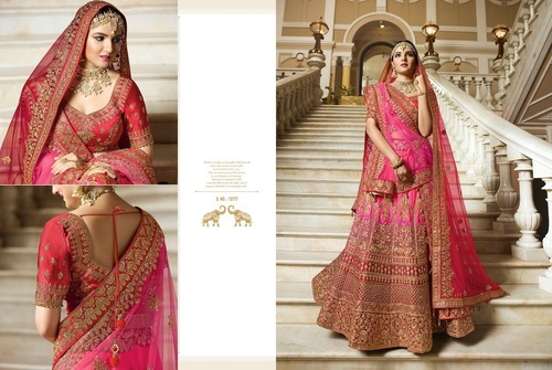 Lehenga Choli - Customized Size Pink Silk Fabric with Embroidered Pattern | Short Sleeves Ideal for Weddings Dry Clean Only