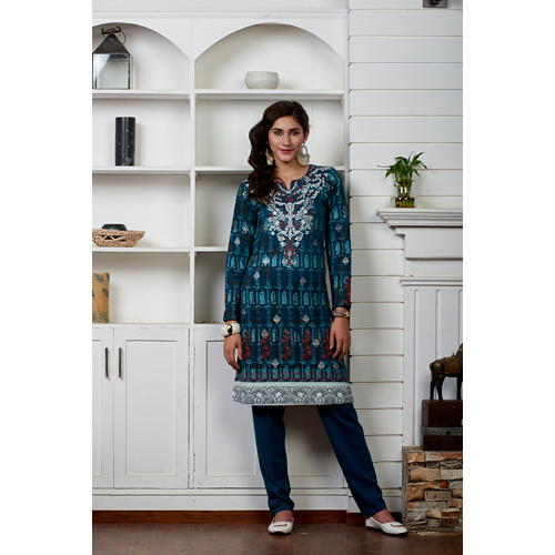 Kurta Suit - Woolen, Size M, Color Blue | Features: Anti UV, Breathable, Quick Dry, Non Toxic, Double Pockets, Sleeveless, Feather Filling