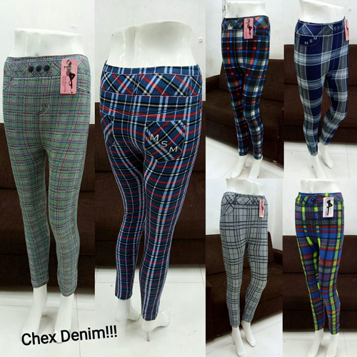 Checked Ladies Jeggings - Cotton Blend, S-XXL, Blue | Soft Fabric, Tear Resistant, Comfortable Fit, Elasticated Waist