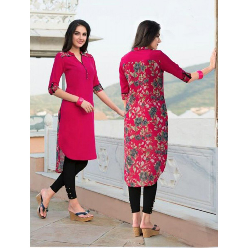Ladies Kurti - Cotton Blend, Knee-Length, Pink | Elegant Design, Comfortable Fit, Floral Print, Collared Neck, Half Sleeves