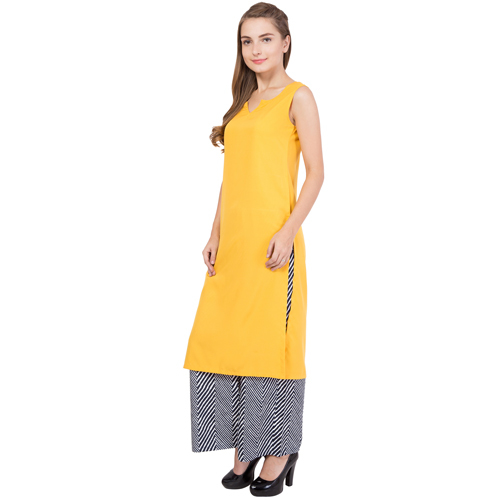 Ladies Yellow Kurti With Palazzo - Crepe Fabric 48 Inch Length | Soft Breathable Sleeveless Quick Dry Trendy Design