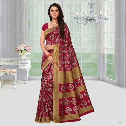 Red And Brown Kalmakari Printed Mysore Silk Saree