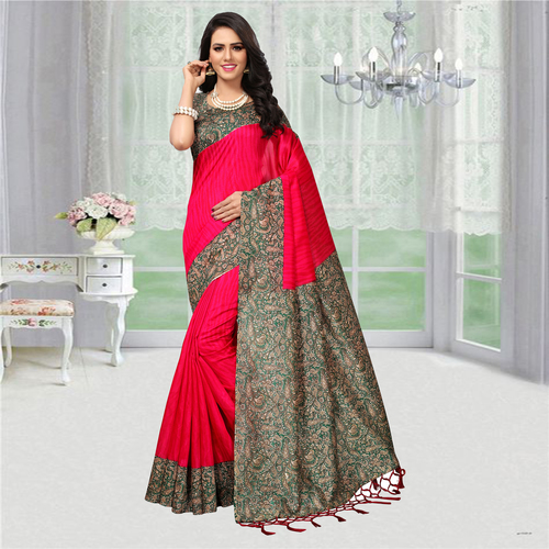 Red And Grey Floral Print Mysore Silk Saree