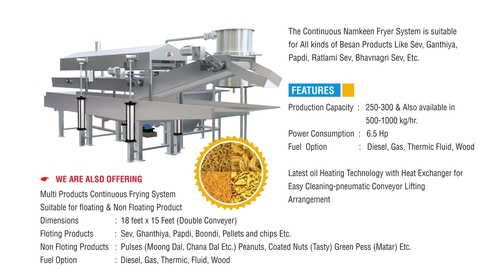 Automatic Namkeen Fryer - Stainless Steel, 18Ft x 15Ft, 250-1000 Kg/Hr | Double Conveyor, Multi-Fuel, Automatic, Durable Design