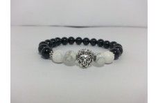 Lion Head Bracelet with Natural Black Onyx and Howlite Beads