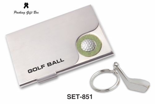 Silver Golf Ball Card Holder With Golf Stick Keychain