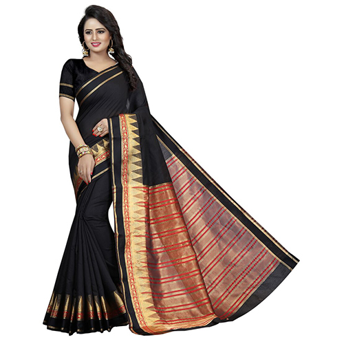 Pyramid Black Cotton Silk Saree