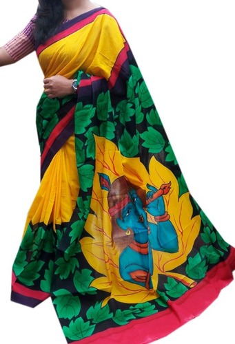Hand Painted Cotton Mulmul Saree - Cotton Silk Fabric, Elegant Bangali Style with Blouse Piece | Warranty for Damage Cases Only
