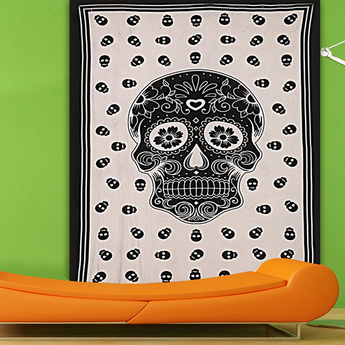 Black And White Halloween Skull Printed Wall Hangings Single Beach Throw Indian Cotton Bedspread Bed Sheet Hand Printed Tapestry