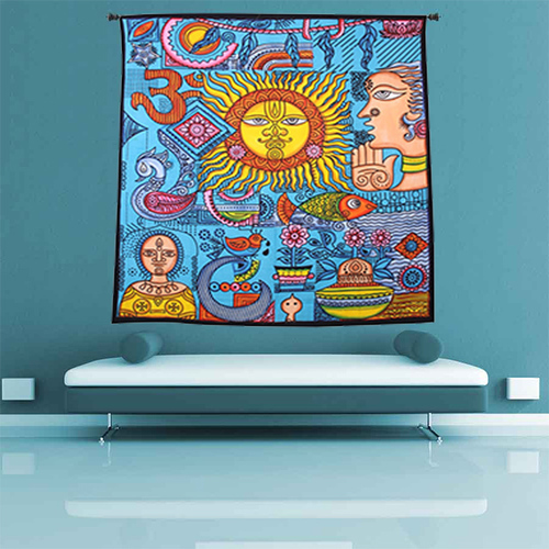 Blue Mandala Indian 100% Cotton Fabric Zodiac Horoscope Hippie Hippy Astro Psychodelic Design Sun Moon Tapestry