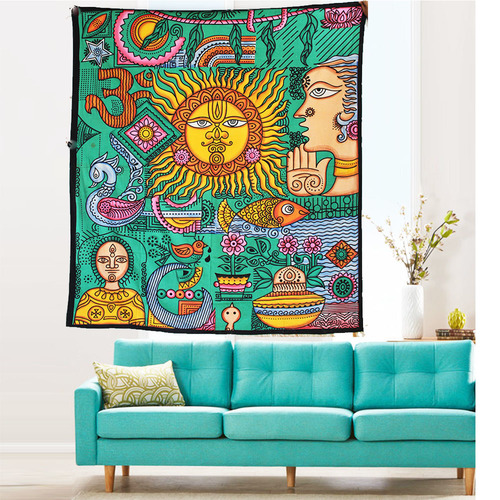 Hippie Hippy Astor Psychedelic Design Indian 100% Cotton Fabric Mandala Zodiac Horoscope Sun Moon Bedsheet Bedspread Tapestry