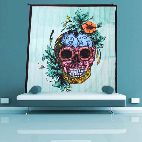 Multi Color + Blue Skull & Rose Skeletons Halloween Indian Cotton Home Decoration Wall Hangings Printed Scary & Pscychedelic Tapestry