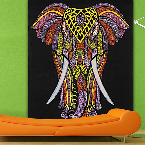 Black + Multi Color Fabric Handmade Hand Printed Indian Cotton Bedspread Bed Sheet Wall Hangings Home Textile Elephant Printed Tapestry