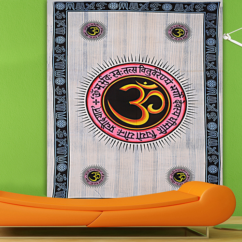 Multi Color + Violet Hand Printed Indian Cotton Fabric Brushing Handmade Wall Home Decor Om Religious Spiritual Serenity Peace Tapestry