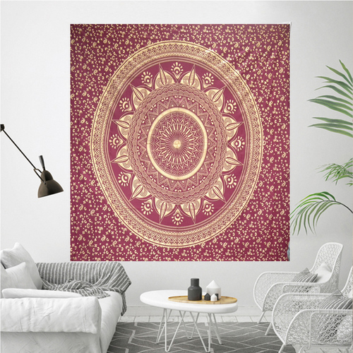 Maroon + Golden Meroon Color Gold Dye Queen Size Royal Bed Sheet Indian 100% Cotton Fabric Floral Ombre Mandala Bedspread Tapestry