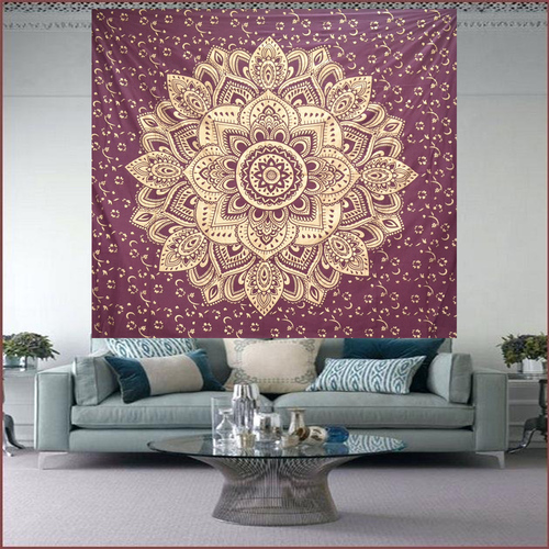 Floral Mandala Indian 100% Cotton Fabric Meroon Color Gold dye Queen Size Royal Bed sheet Bedspread Tapestry
