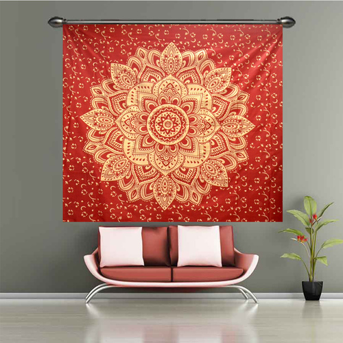 Gold Mandala Pattern Bedspread - 100% Cotton, 84x94 Inches, Red Color | Quick Dry, Versatile Usage as Bedsheet, Wall Hanging, Table Mat, Beachside Mat